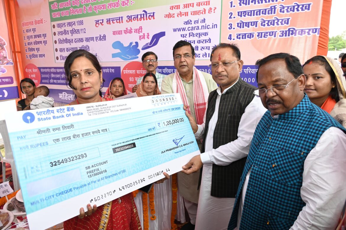 मुख्यमंत्री श्री विष्णुदेव साय ने किया विभागीय स्टालों का अवलोकन, अवलोकन के दौरान हितग्राहियों को सामग्री एवं ऋण राशि चेक का वितरण