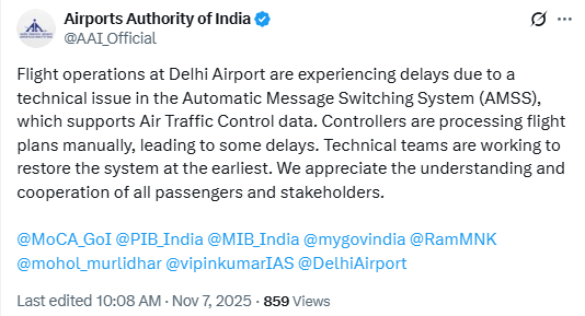 दिल्ली एयरपोर्ट पर 300 से ज़्यादा उड़ानों में देरी, ATC सिस्टम में तकनीकी खराबी बनी वजह